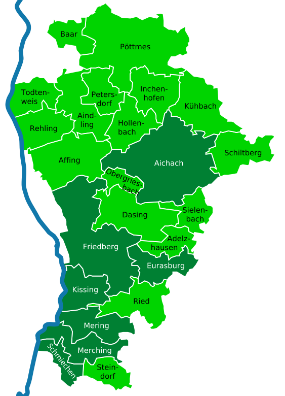 Karte des Landkreises Aichach-Friedberg mit unseren Ortsverbänden