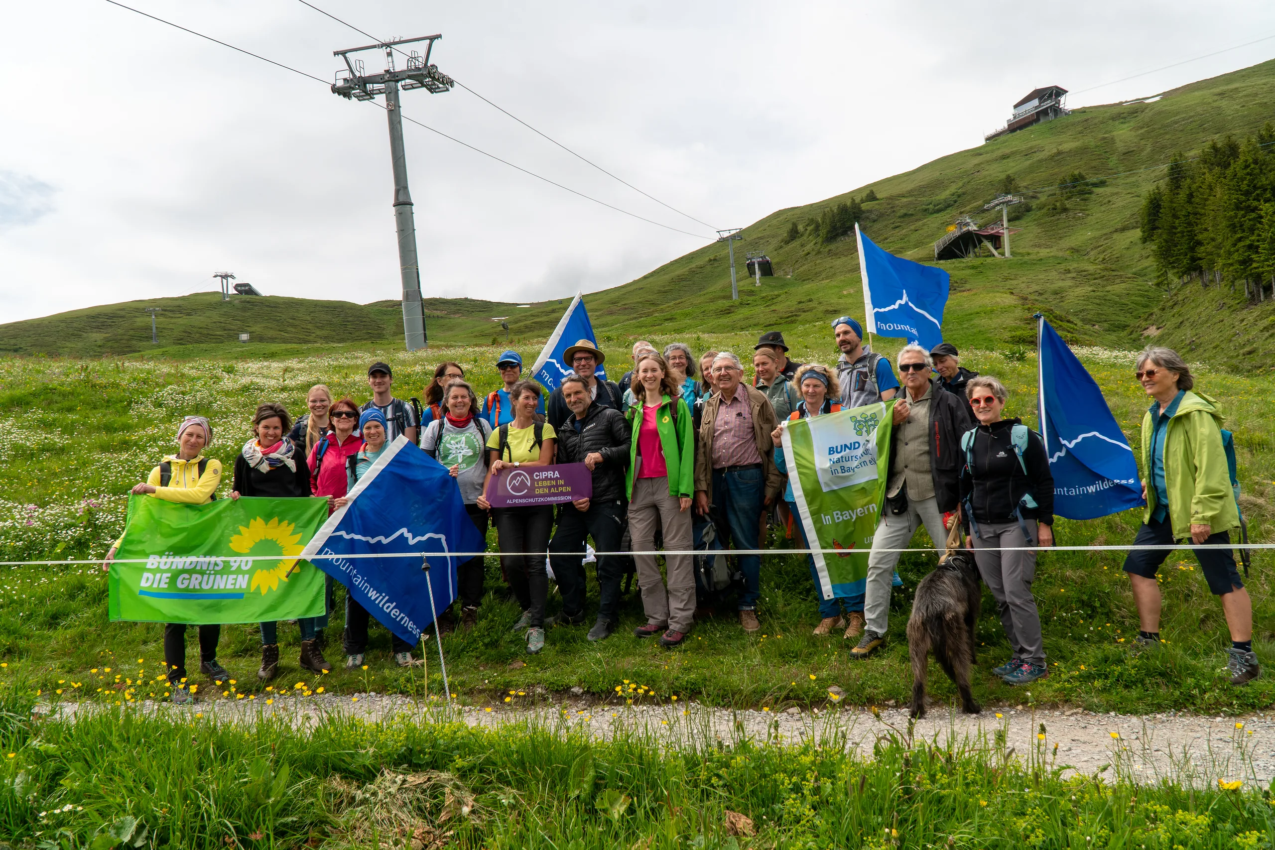 Etwa 30 Menschen stehen mit Fahnen von BÜNDNIS 90/DIE GRÜNEN, mountainwilderness, BUND Naturschutz und CIPRA auf einer blühenden Bergwiese unter einer Seilbahnstütze.