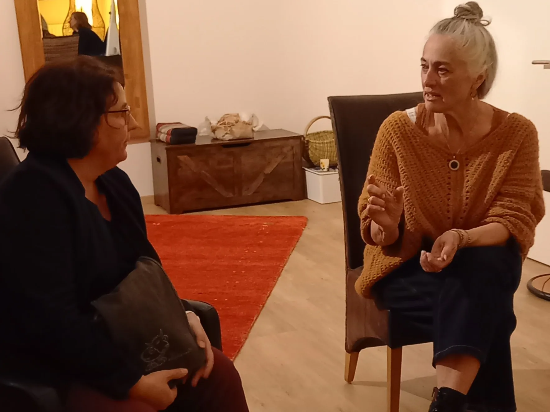 Antje Piekenbrock und Simone Felber sitzen einander im Gespräch gegenüber.